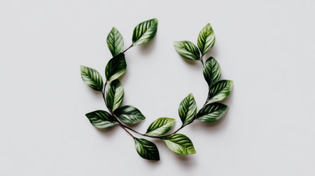 An overhead shot showcases a wreath made of green leaves against a plain white background. The leaves have a gradient of light and dark green, creating a textured appearance. The composition emphasizes a natural theme, suggesting potential use for designs, or decorative projects. The clean style is adaptable to a wide array of applications.の素材