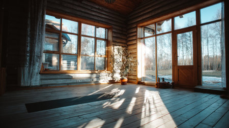 An interior space features large windows allowing ample sunlight to illuminate the wooden walls and floor. The composition includes architectural elements of a cabin with natural textures. This setting could be used for lifestyle imagery or as a background in various commercial applications.の素材