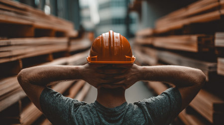 A worker wearing an orange hard hat gazes at stacked lumber within an industrial setting. The composition emphasizes the worker's back, with arms crossed behind the head. The scene features warm tones, likely lit by overhead lighting. This image could be used for illustrating construction, industry, or safety themes.の素材