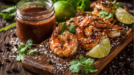 Grilled shrimp arranged on a wooden serving board, accompanied by a jar of sauce and lime wedges. The composition features vibrant colors, textures, and a close-up perspective. The food is likely prepared and suitable for culinary presentations or editorial usage. The setting appears to be indoors with natural lighting.の素材