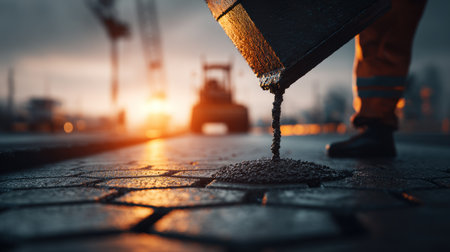 A construction worker pours liquid asphalt onto a paved surface. The image highlights the process with a shallow depth of field, emphasizing the pouring action. Warm, diffused lighting suggests a daytime setting. Ideal for illustrating infrastructure, construction, and related industry topics with possible commercial applications.の素材