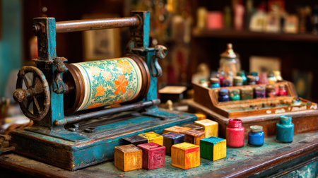 An antique printing press and an array of colorful ink bottles and blocks sit on a wooden desk. The scene is illuminated by warm lighting, highlighting the intricate details of the press and the various hues. The composition suggests an artistic workshop, suitable for various design, historical, or educational contexts.の素材