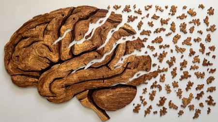 A wooden brain sculpture is depicted with areas fragmenting into smaller pieces. The warm brown tones and textured surface contrast with the white background. The image likely symbolizes thought processes, memory, or cognitive decline, suitable for various editorial and commercial applications.の素材