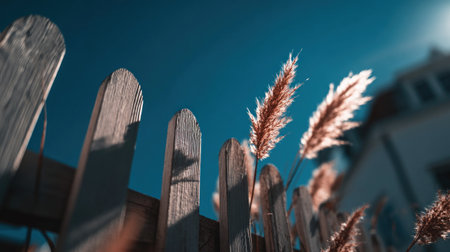 An upward perspective captures a weathered wooden fence and delicate ornamental grass against a deep blue sky. The composition emphasizes the play of light, highlighting the textures of the wood and the wispy quality of the grass. This image is suitable for various commercial applications, including editorial and decorative purposes.の素材