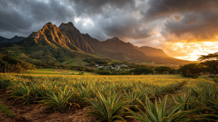 The image features a mountain range illuminated by the golden light of the setting sun. Verdant vegetation covers the foreground and the mountain slopes. The composition utilizes a wide angle, capturing the dramatic clouds in the sky. It could be used for travel, nature, or environmental related projects.の素材