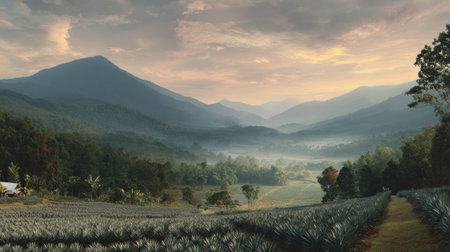 A tranquil landscape depicts rolling hills and mountains shrouded in mist. Fields of crops in the foreground lead to a distant mountain range. The composition shows soft lighting and a muted color palette. The image conveys a serene atmosphere. Suitable for editorial and commercial applications.の素材
