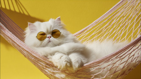 A fluffy white cat is seen lounging in a hammock against a bright yellow backdrop. The cat is wearing sunglasses and appears relaxed. The composition uses a shallow depth of field, with the cat in sharp focus. This image could be used in various commercial applications.の素材