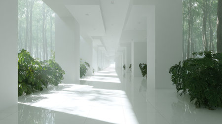 An interior space features a bright, modern design with clean white lines and columns. Sunlight streams through openings, illuminating the space and highlighting green plants. The image conveys a sense of open space and minimalist style, suitable for various design and commercial applications.の素材