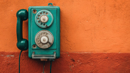 An old-fashioned turquoise telephone is mounted on a textured orange wall. The image showcases the telephone's dial design and handset. The composition features a contrast of colors and textures, suggesting an outdoor setting with potential applications in communication-themed projects.の素材