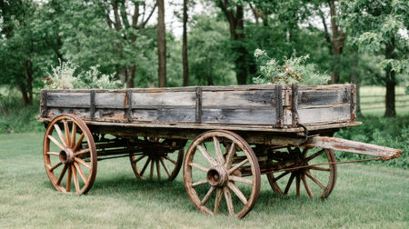 An aged wooden wagon with large spoked wheels stands on a grassy area, possibly outdoors. The wagon displays weathered wood textures and muted brown tones. The composition includes lush green trees in the background, suggesting a natural environment. Suitable for historical, rustic, or design-related content.の素材