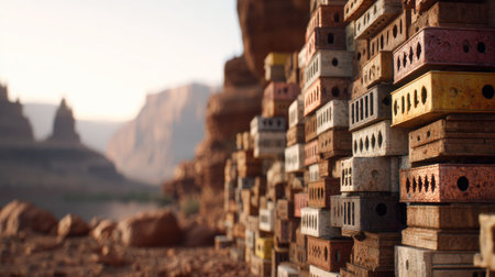 An outdoor shot displays a stack of bricks, the primary focus. The bricks show various colors and textures. In the background, rocky structures and natural landscape can be seen under a clear sky. This image may be suitable for architectural, construction or design related projects.の素材
