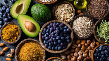 An assortment of colorful, fresh foods arranged in wooden bowls is showcased against a dark surface. Ripe avocados, blueberries, and assorted nuts, seeds, and grains create a vibrant composition. Overhead lighting illuminates the textures and hues of the ingredients, suitable for illustrating nutrition, health, and wellness concepts in various publications.の素材