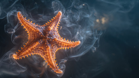 A starfish is showcased against a dark backdrop filled with swirling smoke. The image features warm orange hues of the starfish contrasting with the cool tones of the smoke and background. This aquatic illustration could be suitable for a variety of projects, potentially including educational content or commercial designs.の素材