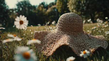 A straw hat sits amidst vibrant wildflowers and green grass, bathed in soft sunlight. The hat's woven texture and the daisy-like blooms create a natural, inviting scene. The overall style suggests a pastoral setting, suitable for visual content in various editorial or commercial projects.の素材
