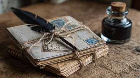 A stack of antique letters is secured with twine, featuring aged paper and stamps. A quill pen rests atop the letters, and an ink bottle is nearby, all arranged on a wooden surface. The composition has warm tones, with focused lighting that enhances textures. Suitable for illustrating history, communication, or retro design concepts.の素材
