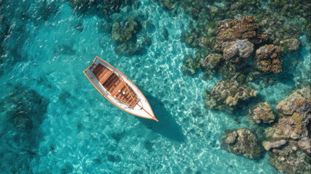An aerial view presents a wooden boat peacefully floating on the clear turquoise water. The image reveals diverse textures, from the boat's wooden structure to the ocean's surface and the nearby coral. The lighting suggests a bright day with strong sunlight. Ideal for travel, nature, or leisure-related projects.の素材
