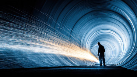 A silhouetted figure stands near an explosion of light and sparks against a backdrop of swirling blue lines. The image displays dynamic energy with contrasting colors and textures. Ideal for illustrating concepts related to progress, technology, or creative endeavors. Suitable for various commercial and editorial applications.の素材
