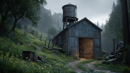 An aged barn with an attached water tower stands on a grassy hillside, the scene bathed in muted colors. The open barn door reveals a glimpse of warmth against the cool exterior. The composition, lit by overcast skies, suggests a rural or agricultural setting. Suitable for various illustrative and commercial applications.の素材