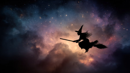 A silhouette depicts a witch soaring through a vibrant, star-studded sky on her broomstick. The image uses dramatic backlighting to highlight the form against a backdrop of swirling clouds and celestial hues. This style is suitable for illustrative applications, editorial content, and various design projects.の素材