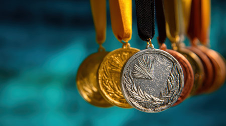 The image features a close-up of several medals, including gold, silver, and bronze, each suspended by a colorful ribbon. The medals are arranged in a slightly blurred composition, with a blue background. This composition is likely suitable for illustrating themes of achievement, success, or reward in a variety of visual applications.の素材