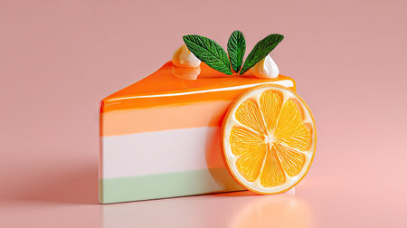 A vibrant slice of cake displays layers of orange, white, and green, complemented by a fresh orange slice. The image features a clean, soft background in pink and is lit with gentle illumination. Ideal for use in culinary projects, promotional materials, or various editorial concepts.の素材