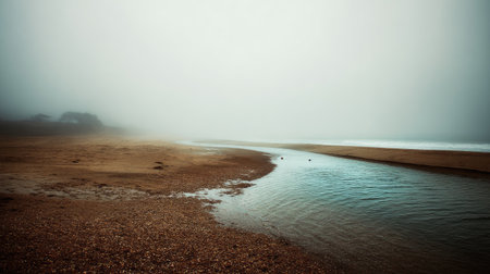 A tranquil landscape depicts a river meandering through a sandy beach under a foggy sky. The composition showcases earthy tones of sand and water, enhanced by the soft, diffused light. This serene scene could be suitable for environmental, travel, or artistic projects, evoking a sense of calm.の素材