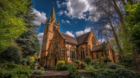 An aged church stands prominently against a vibrant blue sky with fluffy white clouds. The architecture showcases detailed stonework and a tall spire. Surrounding the church is dense foliage with diverse shades of green, suggesting an outdoor setting during daylight. The image could serve various commercial or editorial purposes.の素材