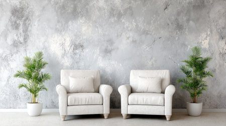 Two white armchairs sit before a textured gray wall, creating a clean, modern aesthetic. Potted green plants add natural elements to the composition. The lighting appears soft, hinting at an indoor setting. This image could be suitable for interior design projects or to represent comfort and relaxation in a commercial context.の素材