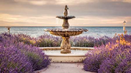 An ornate fountain is centered amidst a garden of purple lavender, with the ocean visible in the background. The image exhibits warm, natural lighting and a balanced composition. It evokes feelings of tranquility and could be suitable for various commercial uses, including travel promotions or decorative projects.の素材