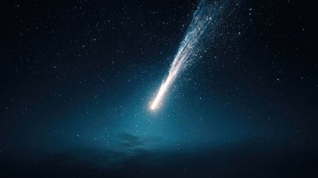 A brilliant comet illuminates the vast darkness, leaving a luminous trail against a deep blue backdrop. The scene presents a sharp contrast between light and shadow. Ideal for various applications, this image can be used for editorial purposes or to enhance creative projects. The composition emphasizes celestial elements.の素材