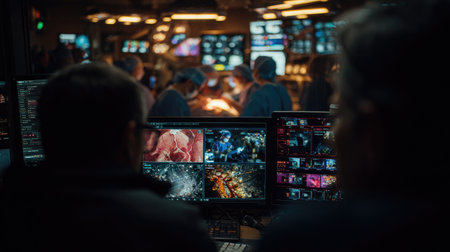 A group of people are engaged in activities within a dimly lit environment, likely indoors. The composition features numerous computer monitors displaying various content. The color palette is dominated by dark tones and muted shades. This image may be suitable for illustrating technology, data, or media related concepts.の素材