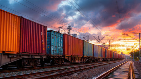 A long freight train carries colorful cargo containers along parallel railway tracks. The image displays a vibrant sunset with dramatic clouds and warm light. The composition features a low-angle perspective, emphasizing the scale of the train. It could be used for commercial or editorial purposes related to logistics or transportation.の素材