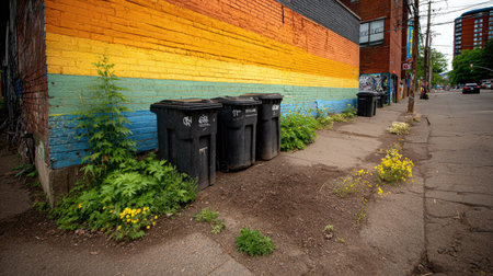 An urban scene features a vibrant wall painted with rainbow colors and several black trash bins. The composition includes a sidewalk, vegetation, and an adjacent building. The image showcases natural lighting and could be suitable for various commercial or editorial applications.の素材