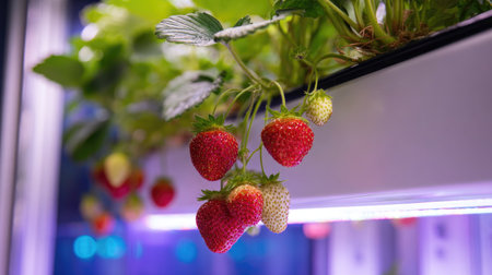 The image captures a close-up of vibrant red strawberries hanging from green plants. The composition showcases the fruit's texture and color against a backdrop of indoor elements and artificial lighting. This image could be suitable for projects about agriculture, food, or healthy eating concepts, as well as educational materials.の素材