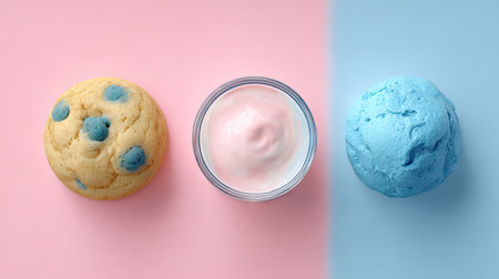 An overhead shot presents a cookie, a small glass with pink substance, and a scoop of blue ice cream. The objects are set against a pink and blue split background. The lighting is even, highlighting the textures of each element. This arrangement is ideal for food-related projects or marketing materials.の素材