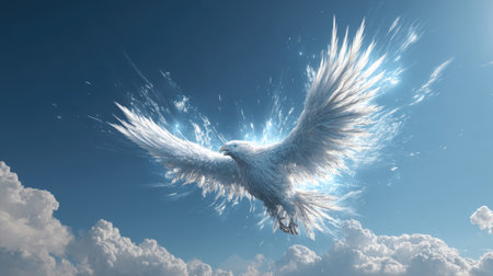 A stunning digital illustration features a white eagle in mid-flight against a bright blue sky. The artwork showcases detailed feathers and a dynamic pose, enhanced by ethereal light effects. The composition is set amidst a backdrop of fluffy clouds and sunlight, suitable for editorial and commercial use.の素材