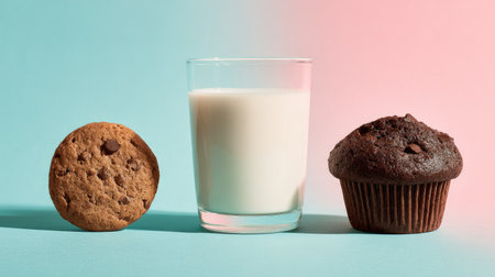 A chocolate chip cookie, a chocolate muffin, and a glass of milk are set against a blue and pink gradient background. The composition features a symmetrical arrangement, with bright overhead lighting. Suitable for culinary, food-related, or lifestyle publications and projects.の素材