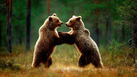 Two brown bears engage in a close interaction, likely play or a dominance display, set within a forest environment. The image features a warm color palette with natural light, creating a vivid portrayal of wildlife. Suitable for diverse applications, including educational materials or thematic designs.の素材