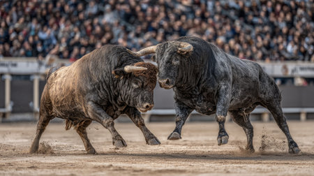 Two powerful bulls are depicted in a dynamic encounter within a dusty arena. The animals, with dark hides and prominent horns, engage in a display of strength and aggression. The composition shows close-up, the background features a blurred crowd, suggesting a public event. This image might be used for editorial content or illustrative purposes.の素材