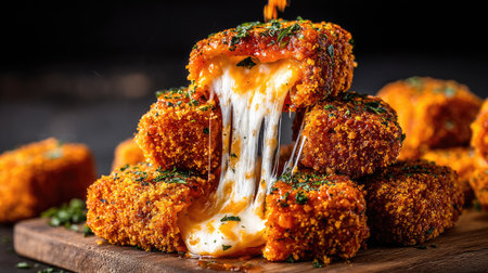 A close-up showcases a stack of deep-fried food items, revealing a stream of melted cheese. The image emphasizes the food's textured exterior and warm interior. The composition is set against a dark background, suggesting a dining setting suitable for culinary promotions or food-related content.の素材