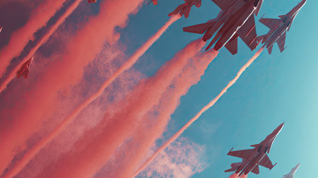 A formation of jets flies across a bright blue sky, leaving vibrant red smoke trails. The composition features an upward perspective, emphasizing the movement and dynamic quality of the aircraft. This imagery conveys motion and power, suitable for various editorial and commercial applications.の素材
