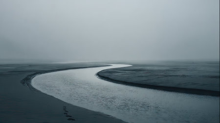 A tranquil river meanders through a hazy, overcast landscape. The image features a cool color palette dominated by shades of gray and blue. The composition highlights the river's winding path, creating a sense of depth. Suitable for editorial purposes and evoking calm emotions, this scene presents a peaceful environment.の素材