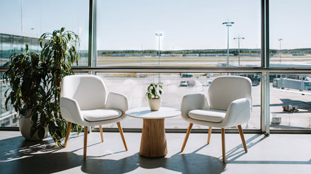 An interior shot features two white armchairs arranged near a small round table in front of a panoramic window. The scene is illuminated by natural light, casting shadows. Potential uses include editorial design, website backgrounds, and advertising visuals. The composition highlights a sense of space and modern design, focusing on light and texture.の素材