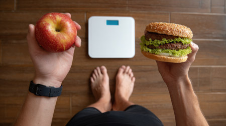 An overhead shot presents a person's hands holding an apple and a burger. A weight scale sits between the feet, implying a comparison. The image uses natural lighting, with a warm wooden floor in the background. This could be used for articles about diet, health, and lifestyle, or for marketing healthy eating.の素材