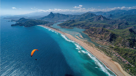 An overhead view reveals a vast coastal panorama. Turquoise water meets a sandy beach, bordered by rugged mountains under a clear blue sky. A paraglider with a bright orange wing soars above. The image presents vibrant colors and natural textures suitable for travel, tourism, and outdoor lifestyle content.の素材
