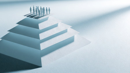 A minimalist composition features a geometric pyramid with several silhouetted figures on top. The artwork utilizes a monochromatic palette with crisp shadows. The setting suggests an abstract environment. Potential uses include illustrations for concepts related to teamwork, leadership, and success.の素材