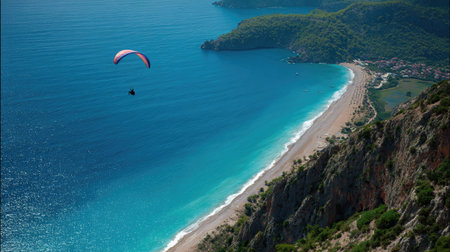 A paraglider gracefully flies above a stunning beach with vibrant turquoise waters and a sandy shore. The composition features lush green cliffs, creating a contrasting landscape. The image uses natural lighting to enhance the beauty of the scene, which could be used for travel or outdoor lifestyle projects.の素材
