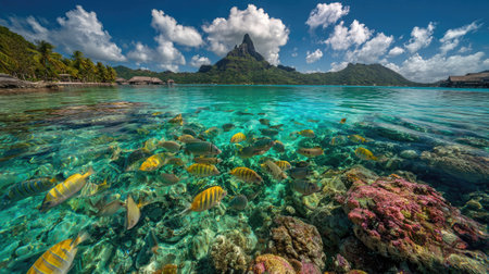 This image showcases a stunning underwater vista filled with various fish swimming amongst colorful coral formations. The scene is bathed in clear turquoise water, with a mountain range providing a dramatic backdrop under a bright, cloud-filled sky. This photograph could be used for travel, nature, or environmental content.の素材