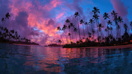 A stunning sunset illuminates the sky over a tropical island setting. Palm trees silhouette against the colorful clouds. The water reflects the warm hues. This image's visual appeal lends itself to various applications including travel websites, and editorial content.の素材