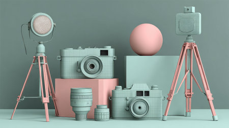 This image showcases a collection of photography equipment arranged on a gray background. It features cameras, lights, and other accessories in a modern, minimalistic style. The color palette includes pastel hues. Suitable for commercial projects that require visual representations of photography or studio setups.の素材